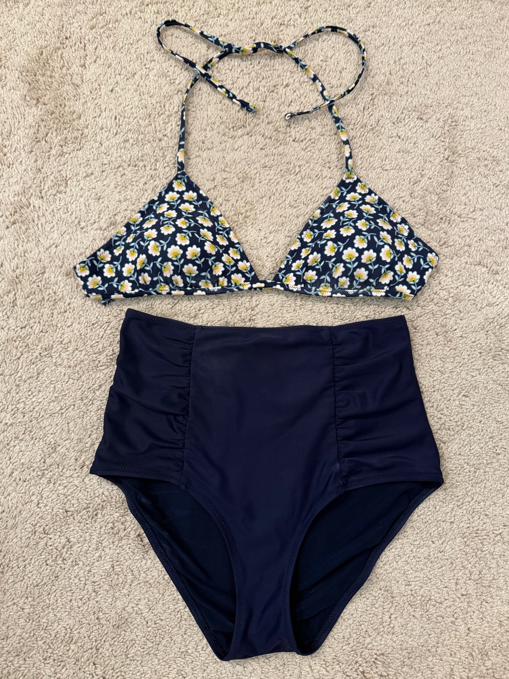 Aerie Navy Daisy Print Bikini Set - Triangle Top and High Waisted Bottom